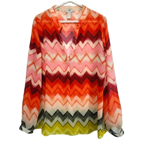 Banana Republic Semi Sheer Earth Toned Chevron Top Shirt Blouse Size Medium - Picture 1 of 9